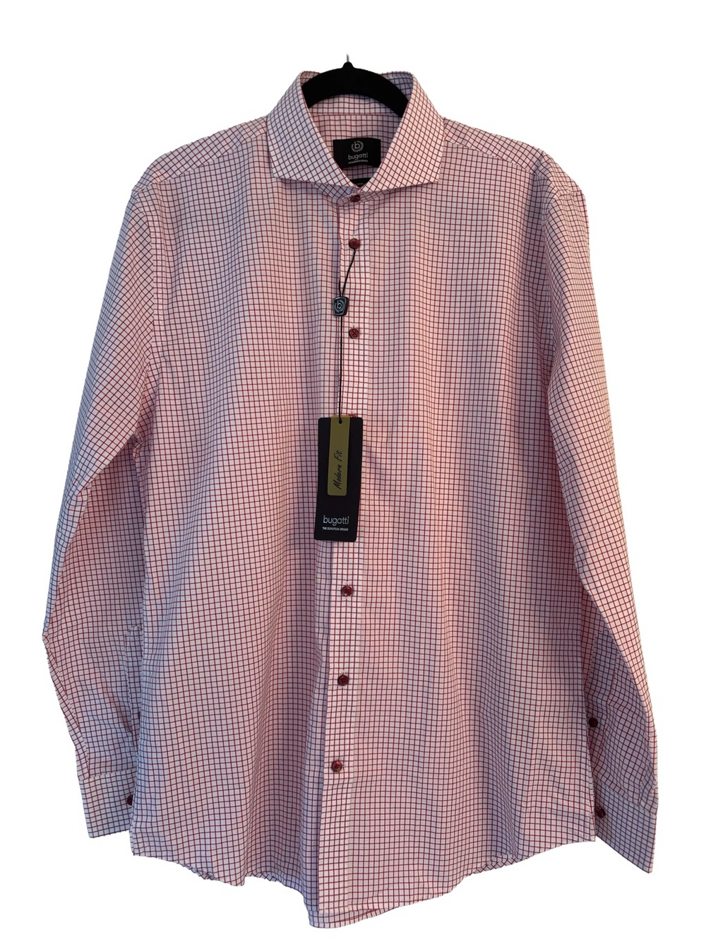 Bugatti Men's Modern Fit Red & White Grid Check Dress Shirt - size L